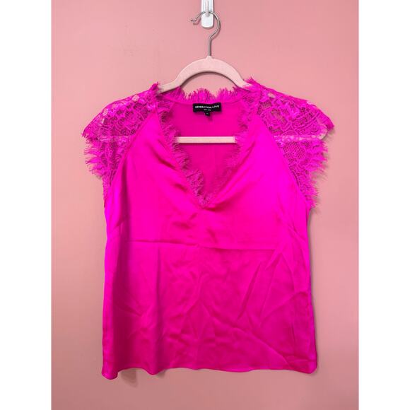 NEW Generation Love Hot Pink Short-Sleeve Silk Blouse with Lace Detail Size XS - Picture 1 of 5